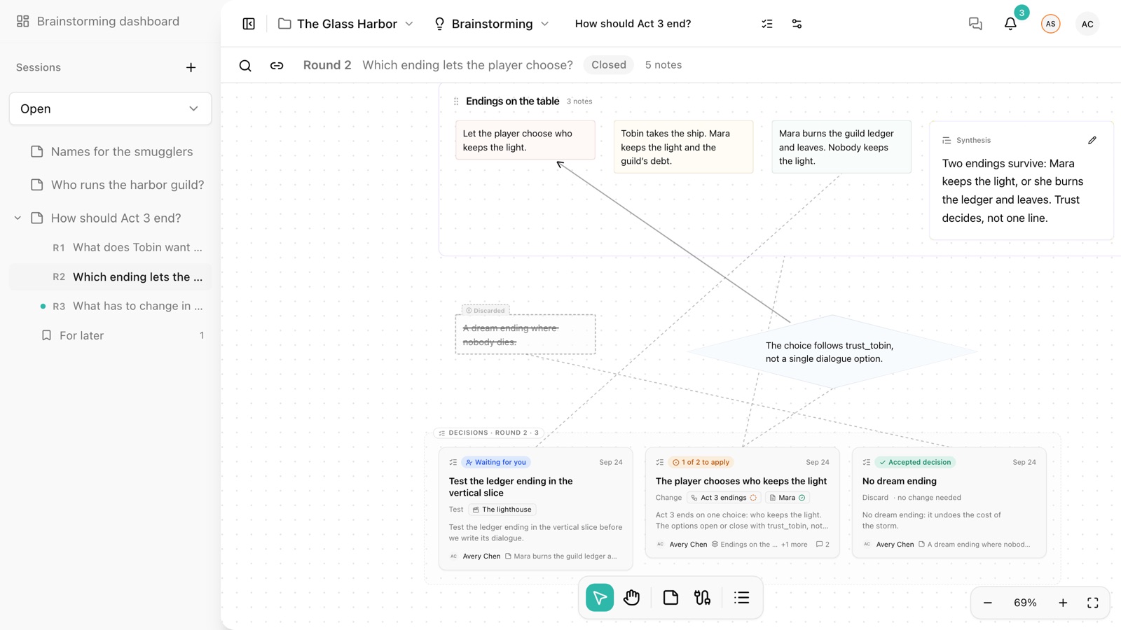 A brainstorming round in Storyarn: a group of notes with its synthesis, and the round's decisions linked to the notes they came from