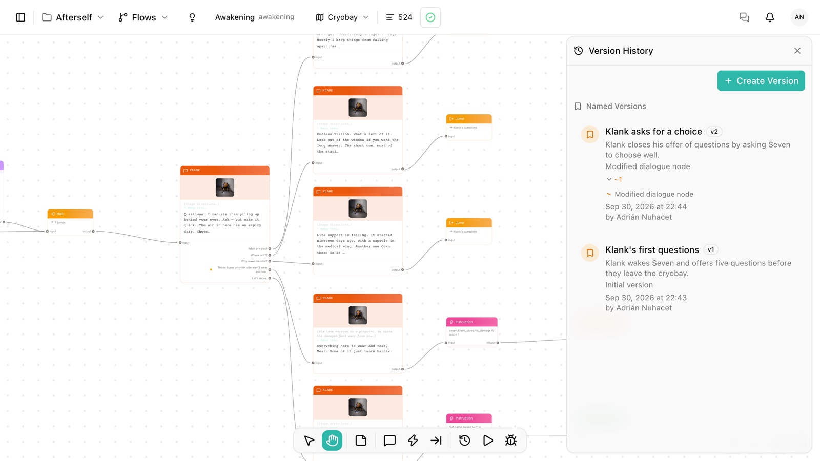Storyarn Flow editor with the Awakening flow from Afterself: Klank's question and its five responses on the canvas, and the version history with two named versions and the latest one's change, a modified dialogue node
