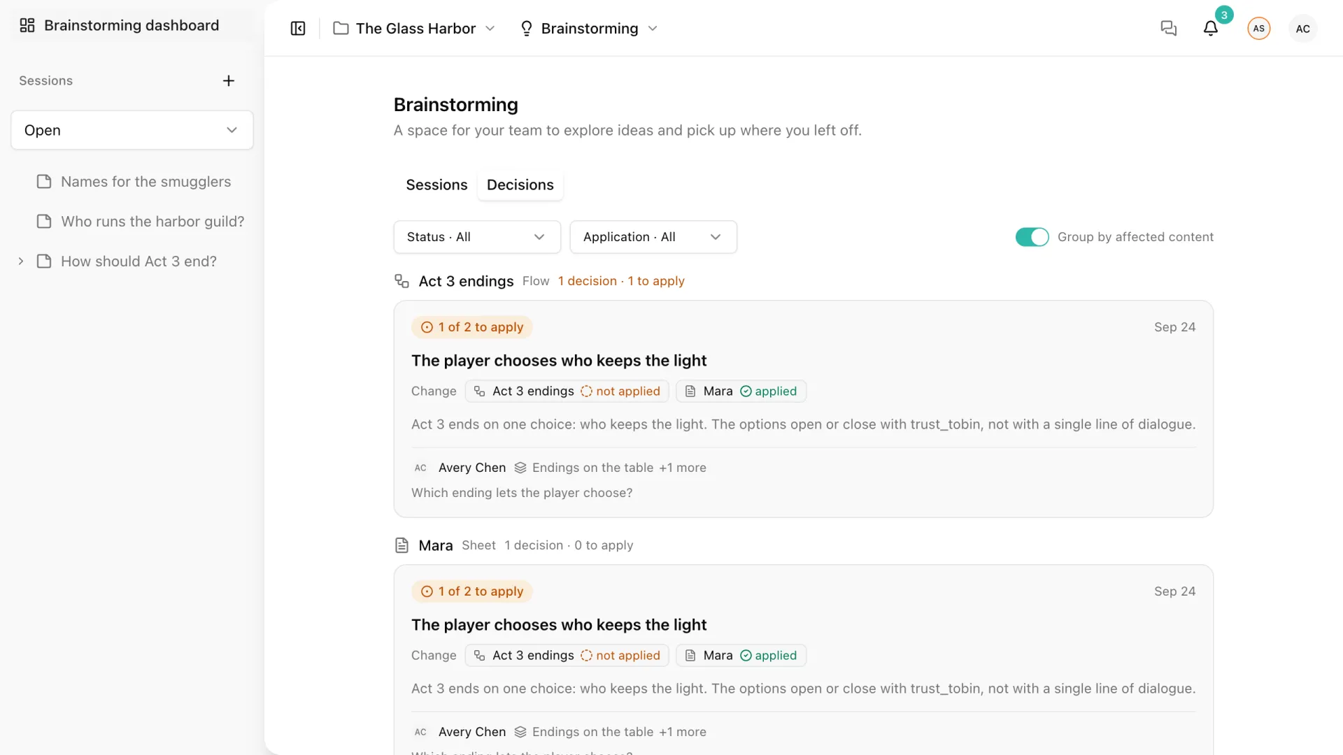 The Decisions tab of the Brainstorming dashboard grouped by affected content, with the Flow Act 3 endings and the Sheet Mara each listing the decision that affects them
