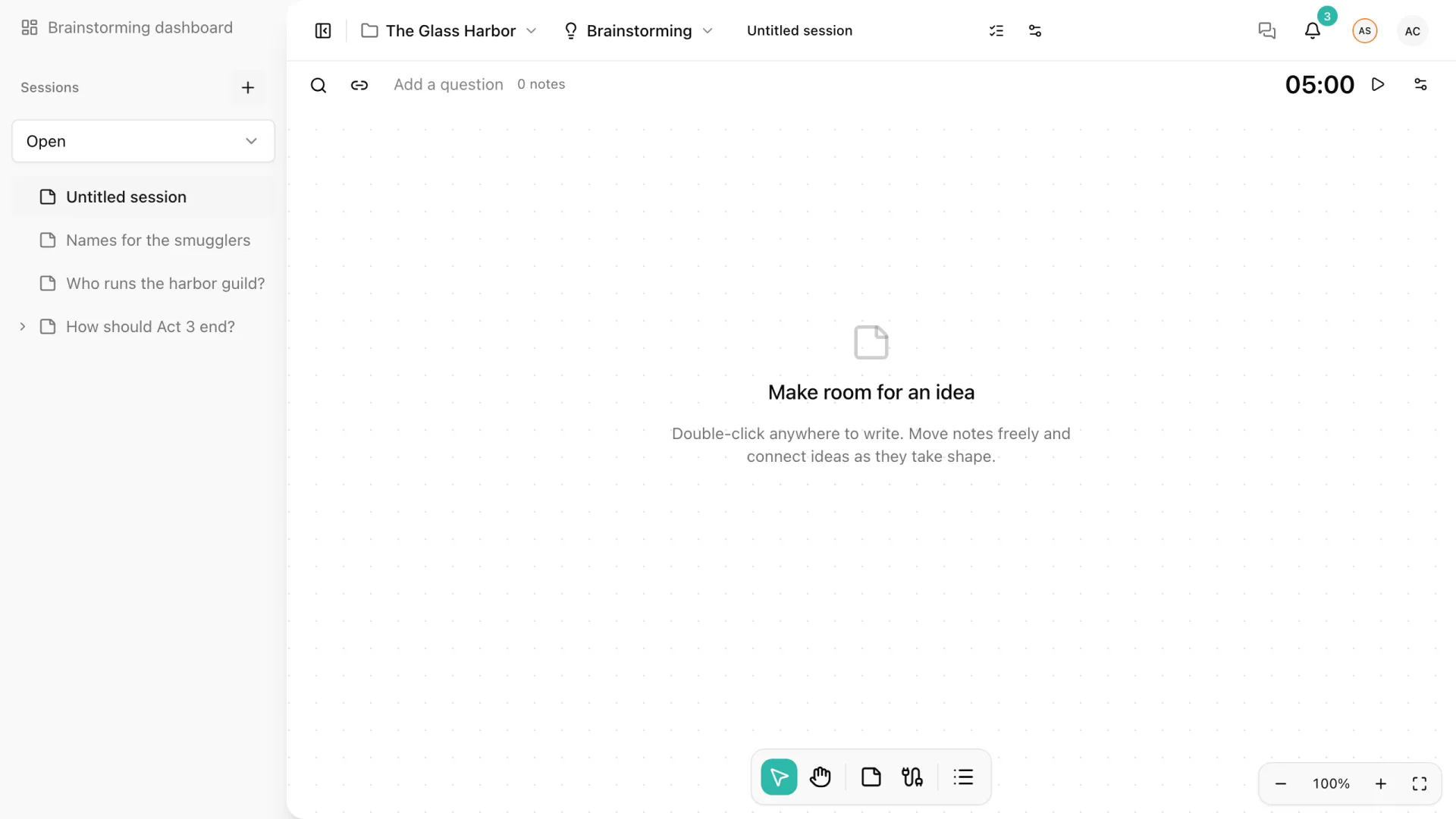 A new, untitled brainstorming session with an empty canvas inviting you to double-click anywhere to write
