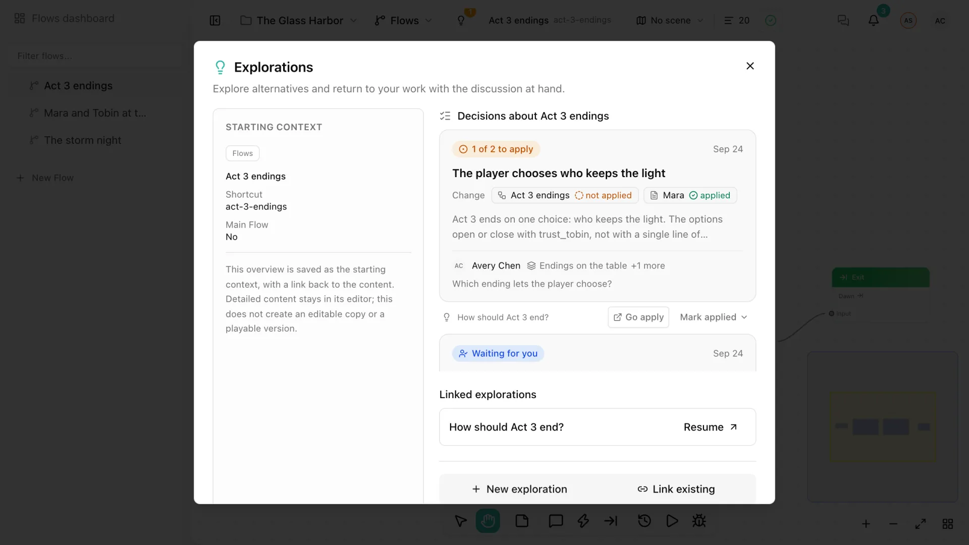 The Explorations dialog opened from the Flow Act 3 endings, with its starting context, the decisions about it, and a linked exploration to resume