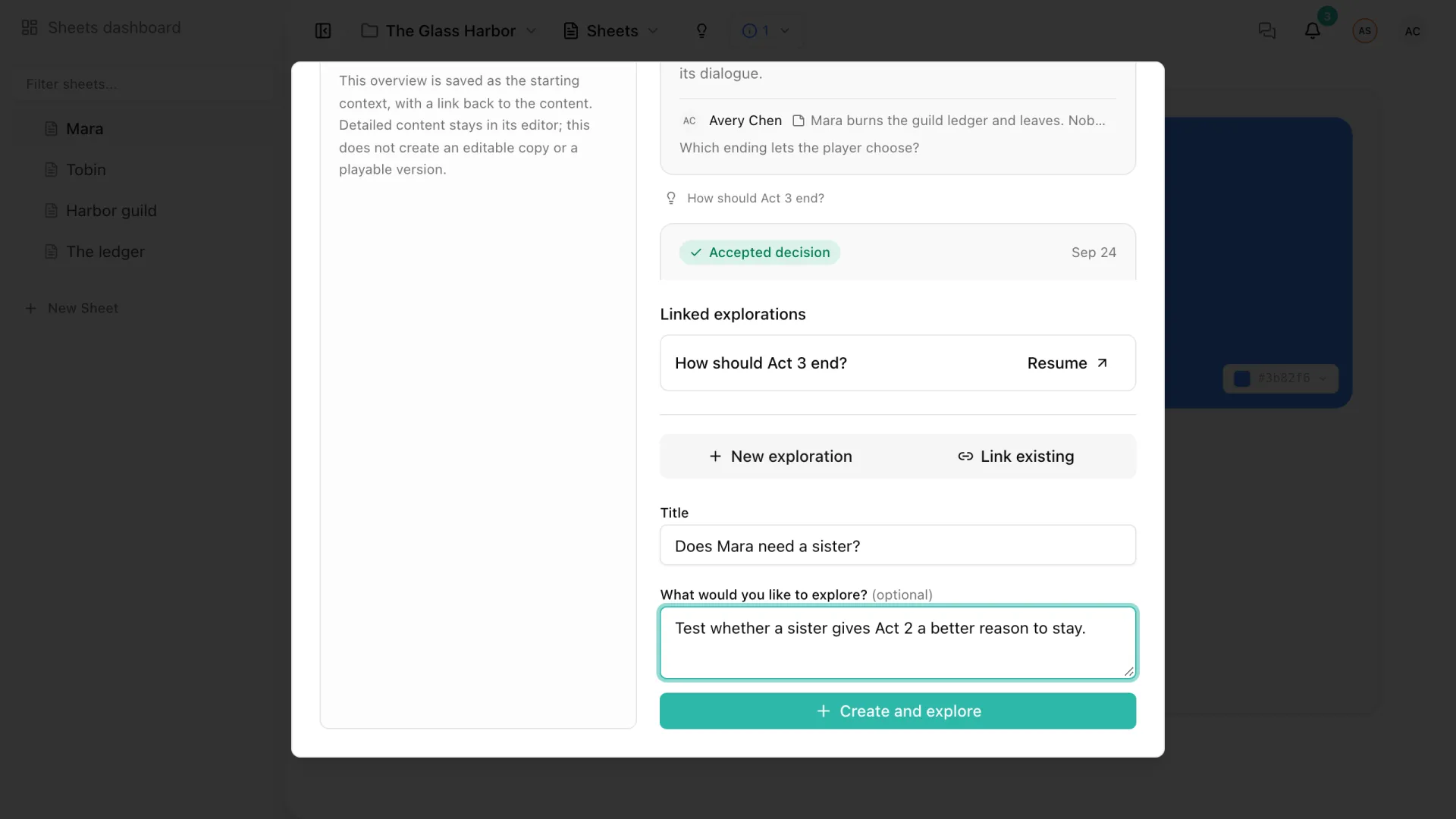 The New exploration form in the Explorations dialog of the Sheet Mara, with a title and the question to explore