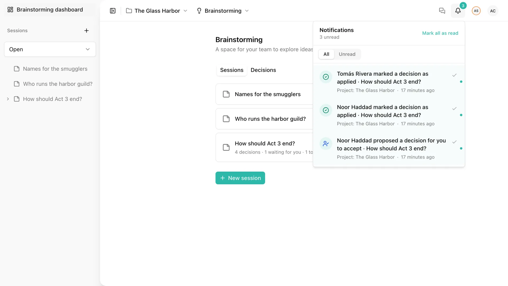 The notifications inbox with two decisions marked applied and one decision proposed for you to accept