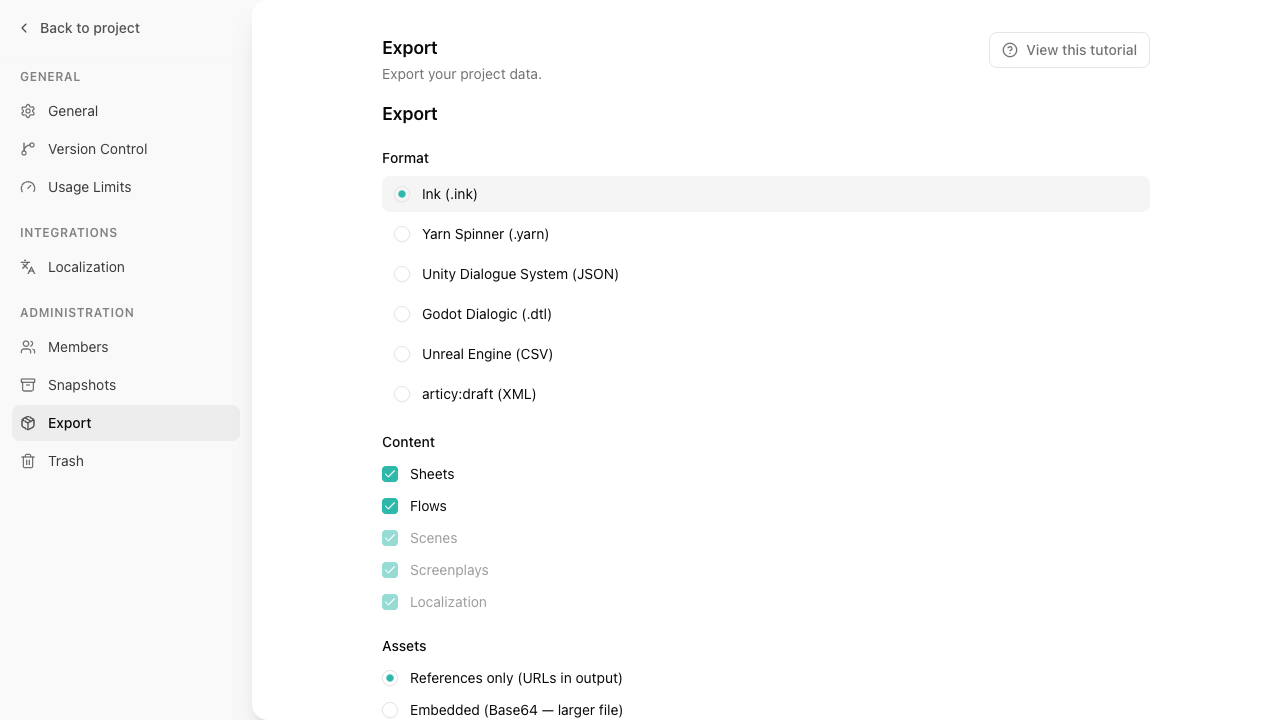The export page showing the format selector, content section checkboxes, and asset mode options