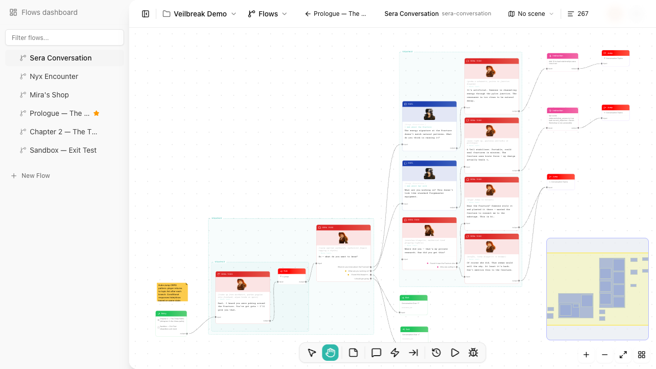 Flow editor canvas showing dialogue nodes with speaker cards and response branches