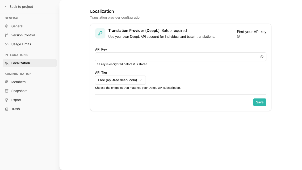 Project Localization settings showing the DeepL API key and API tier controls
