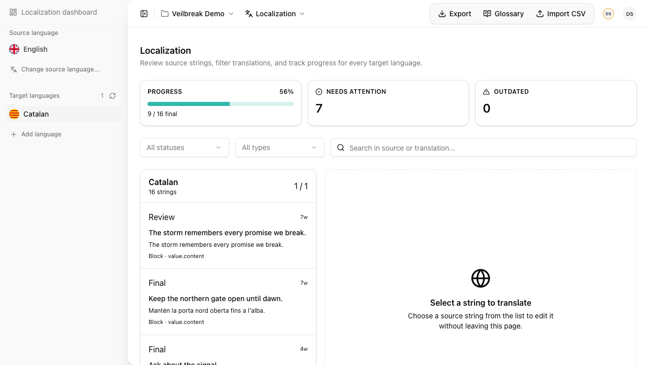 The Catalan translation workspace showing progress, filters, and runtime strings from blocks, flow nodes, and sheet names with translations, statuses, and word counts