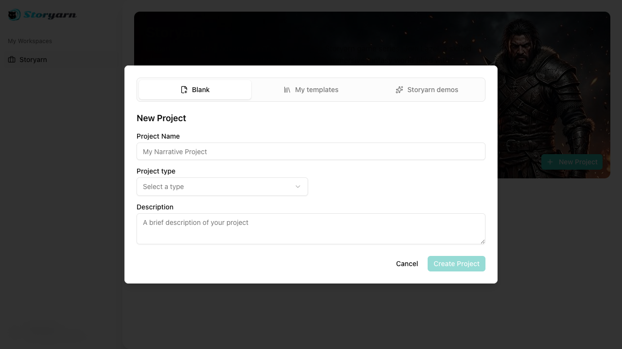 The New Project dialog with Blank, My templates, and Storyarn demos choices