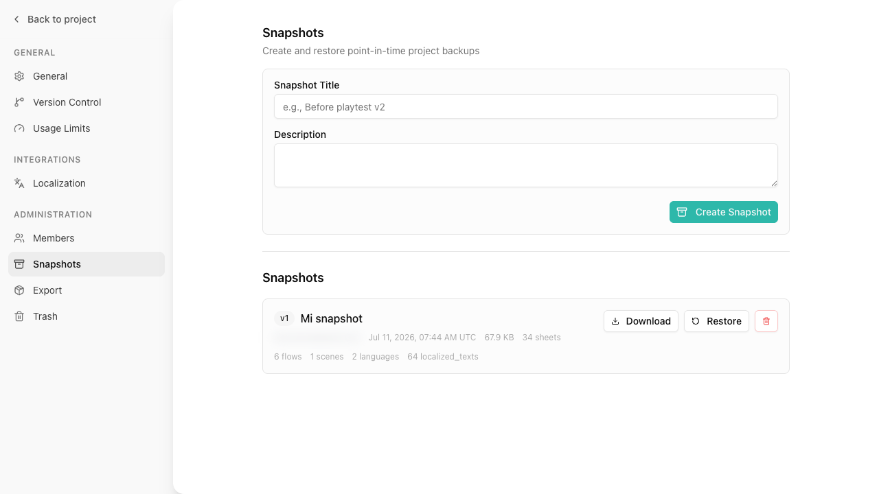 The project snapshots panel for creating and restoring point-in-time backups.