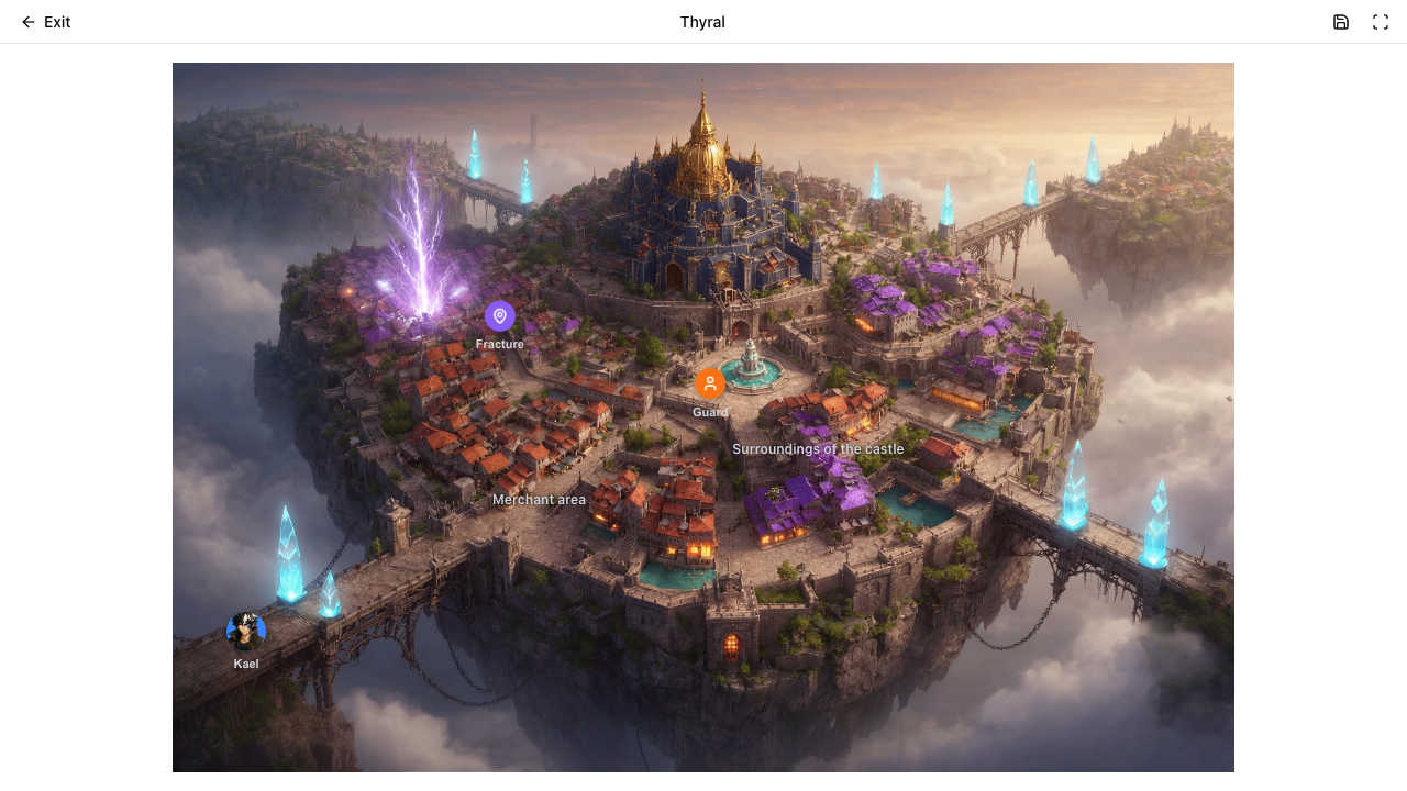 Modo Exploración mostrando el mapa de escena, pines interactivos y controles del jugador