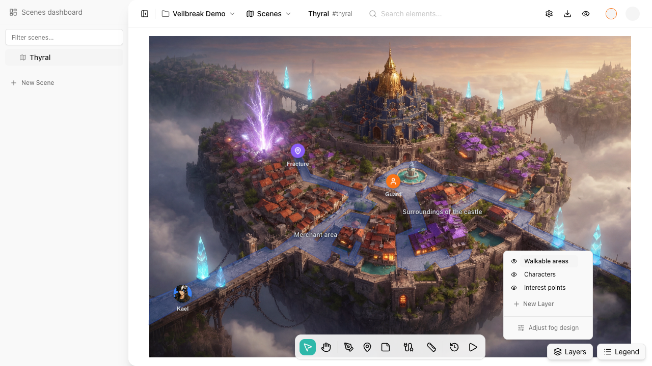 Scene layers panel showing several named layers with visibility toggles and access to fog design