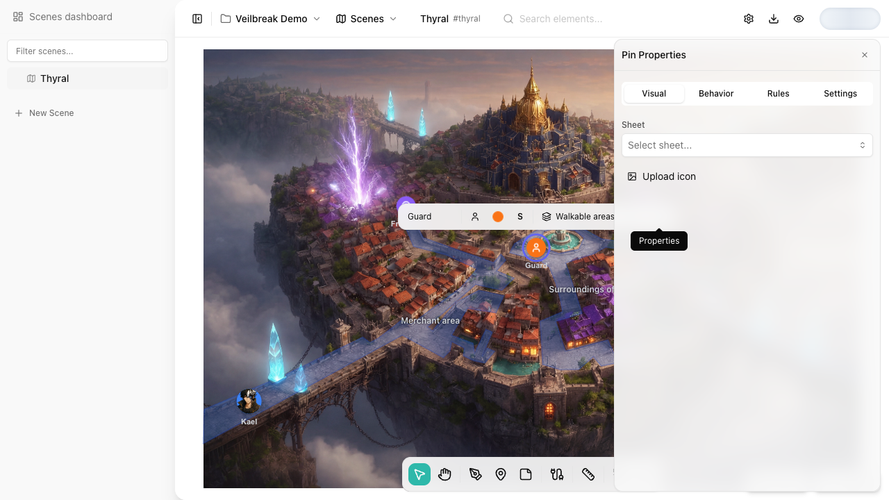Pin Properties panel for a scene pin with visual, behavior, rules, and settings controls