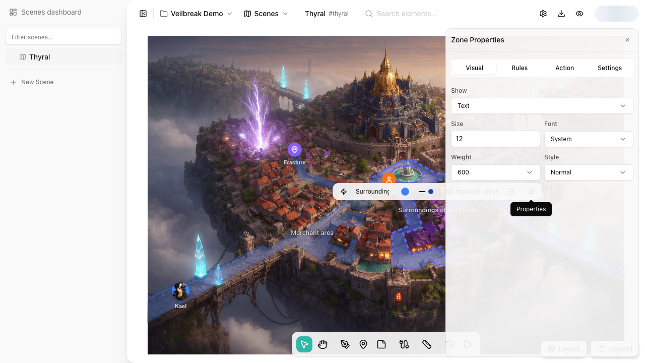 Zone properties panel with visual settings and tabs for rules, actions, and configuration