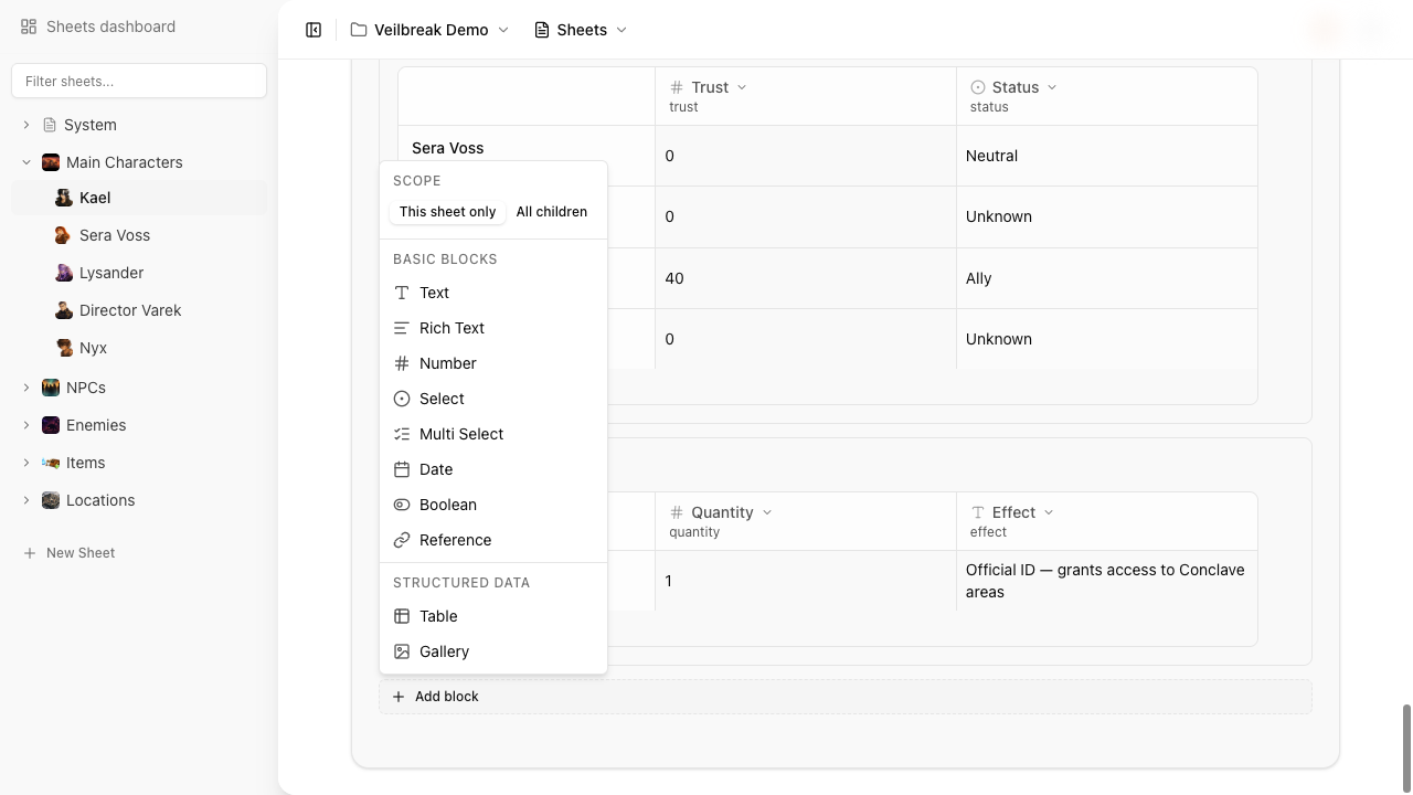 The block type menu showing Basic Blocks and Structured Data categories