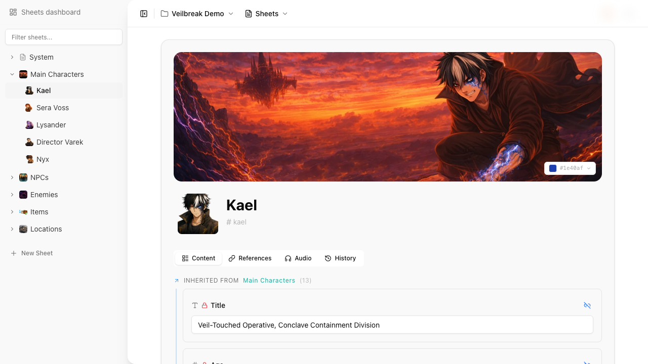 Ficha de personaje de Kael con banner, avatar, campos heredados, bloques numéricos y bloques de selección
