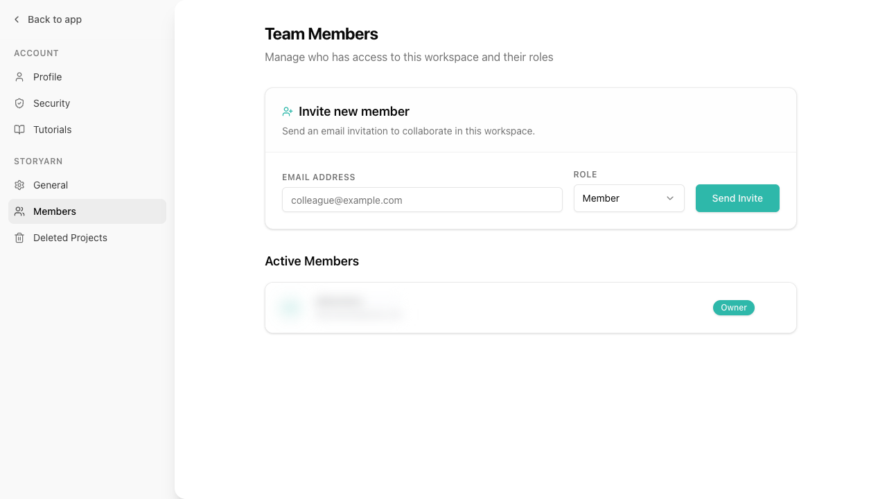 The workspace members settings page with the invite form, member list, and pending invitations