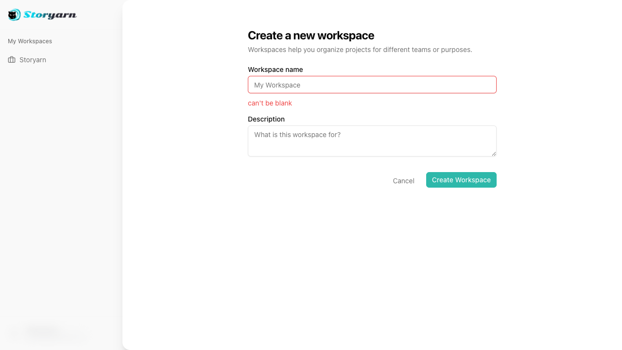 The "Create a new workspace" form with name and description fields
